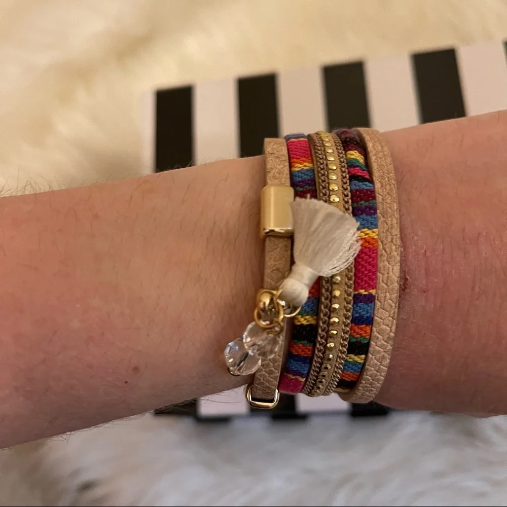 Bright Multicolor Boho Threaded Tassel Faux Leather Magnetic Wrap Bracelet